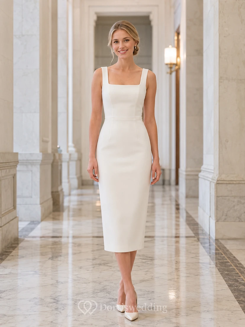 Vestido de novia midi sencillo de corte recto con escote cuadrado