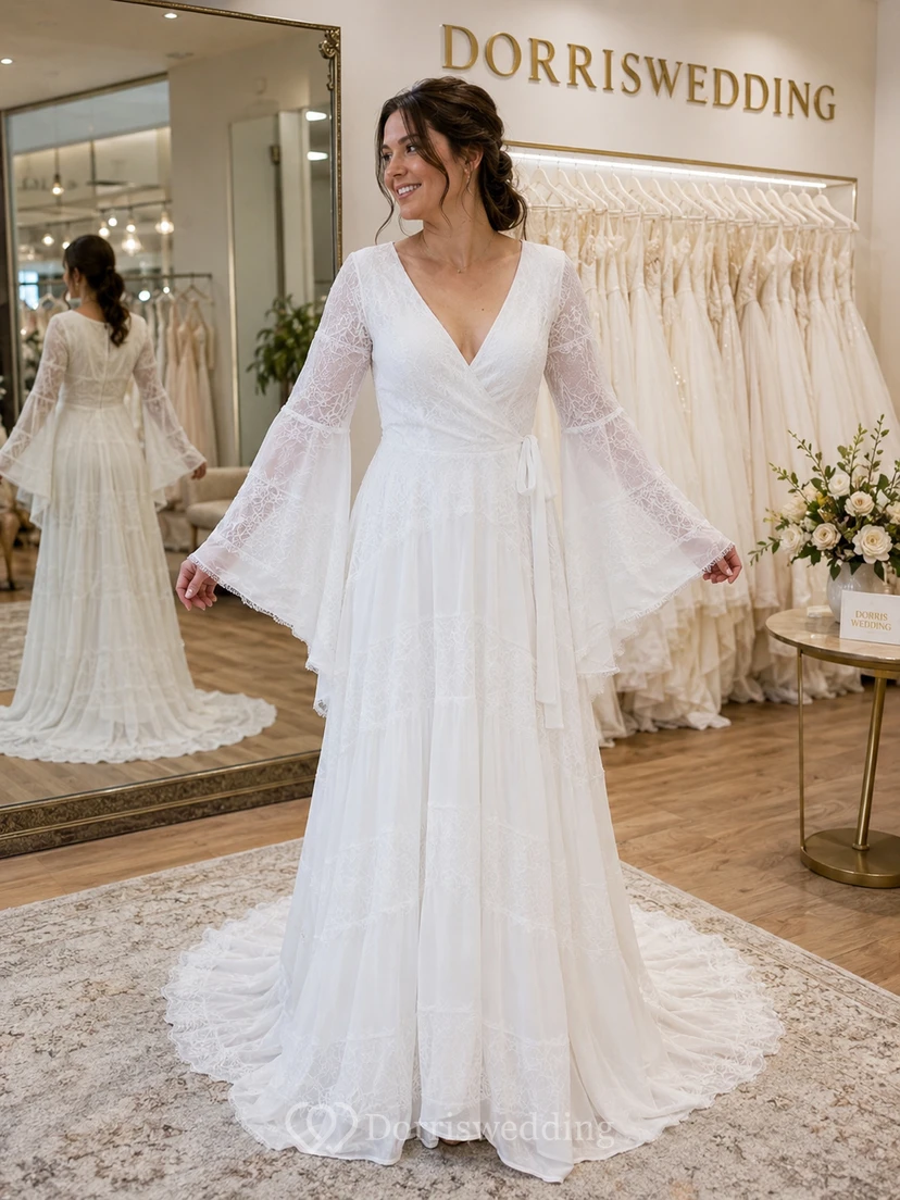 Long Bell Sleeve Lace A-Line Wedding Dress with Ruffle Drape view 6