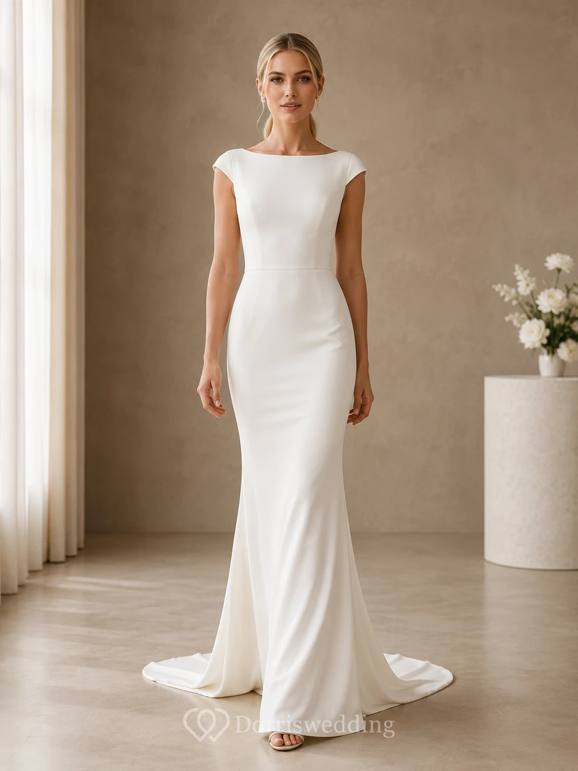 Elegant Bateau Cap Sleeve Satin Mermaid Low V Back Sweep Wedding Dress