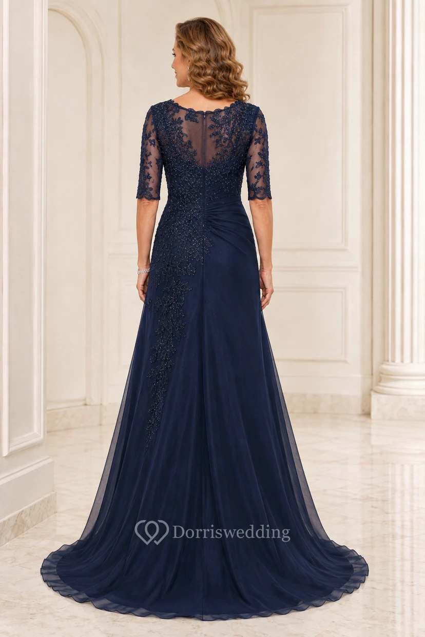 Dark Navy V-Neck Chiffon A-Line Mother Dress with Three Quarter Lace Sleeves view 2