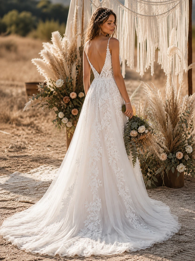 Robe de mariée bohème en dentelle, coupe trapèze, col en V, sans manches, ornée d'appliqués de dentelle, longueur au sol. view 2