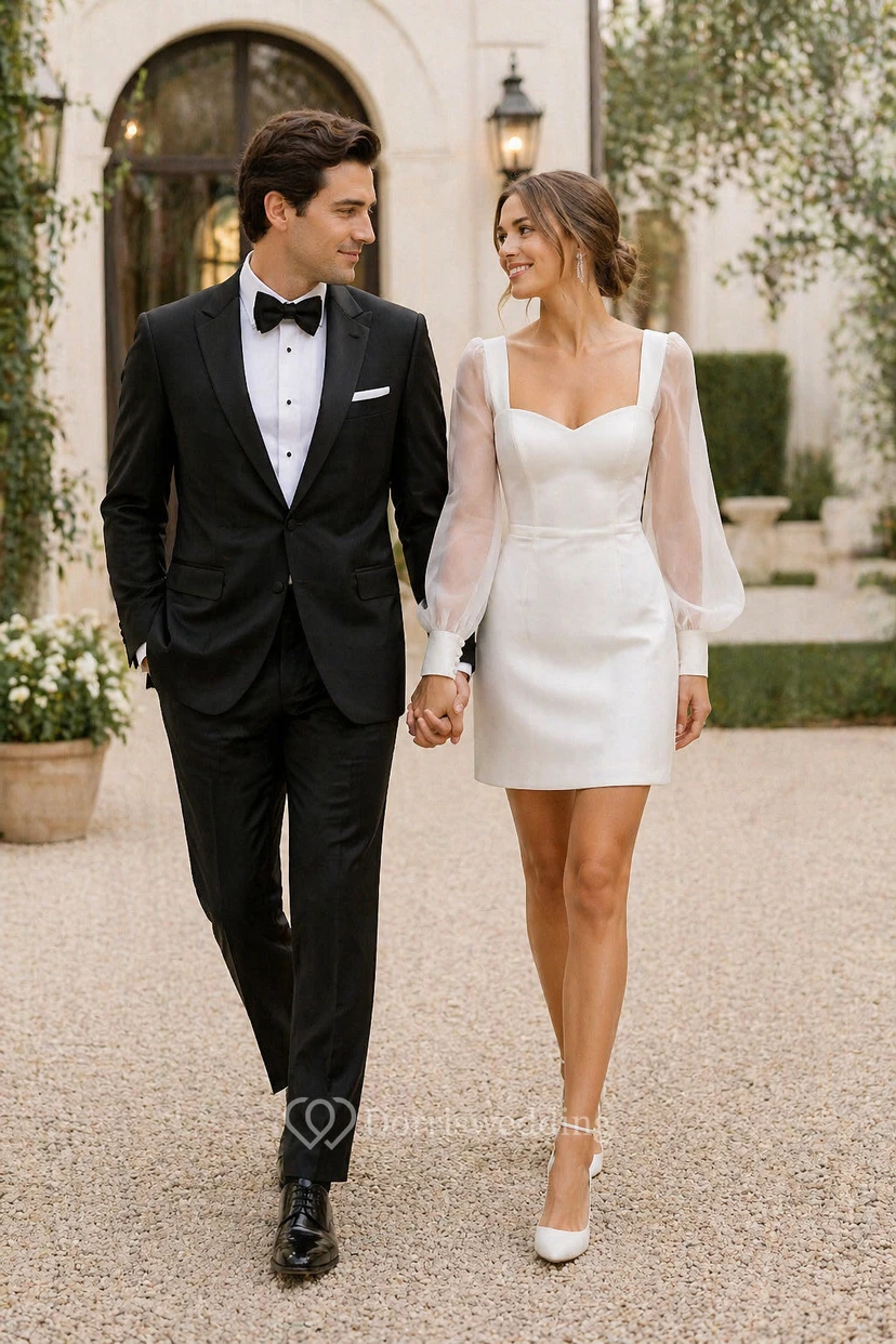 Vestido de novia corto tipo lápiz de manga larga con efecto ilusión sencilla view 3