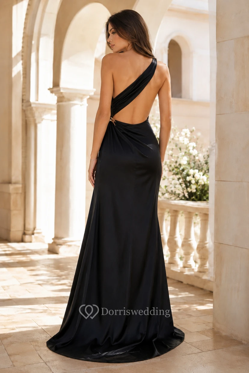 Black One Shoulder Satin Sheath Dress with Open Back and Slit for Wedding Guests Cocktail Parties and Receptions view 2