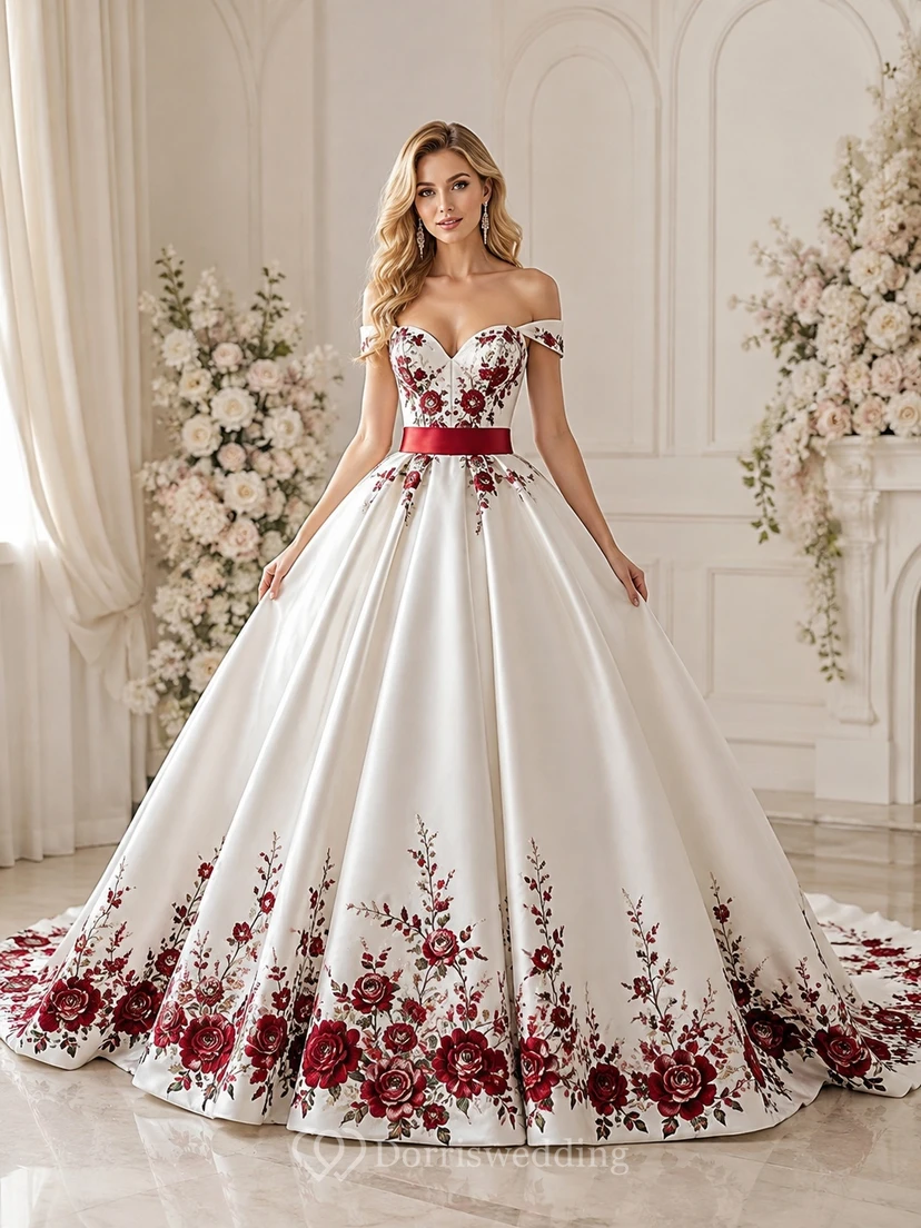 Rotes Brautkleid aus Satin mit floralen Applikationen, schulterfrei, kurzen Ärmeln und A-Linien-Schnitt, bodenlang