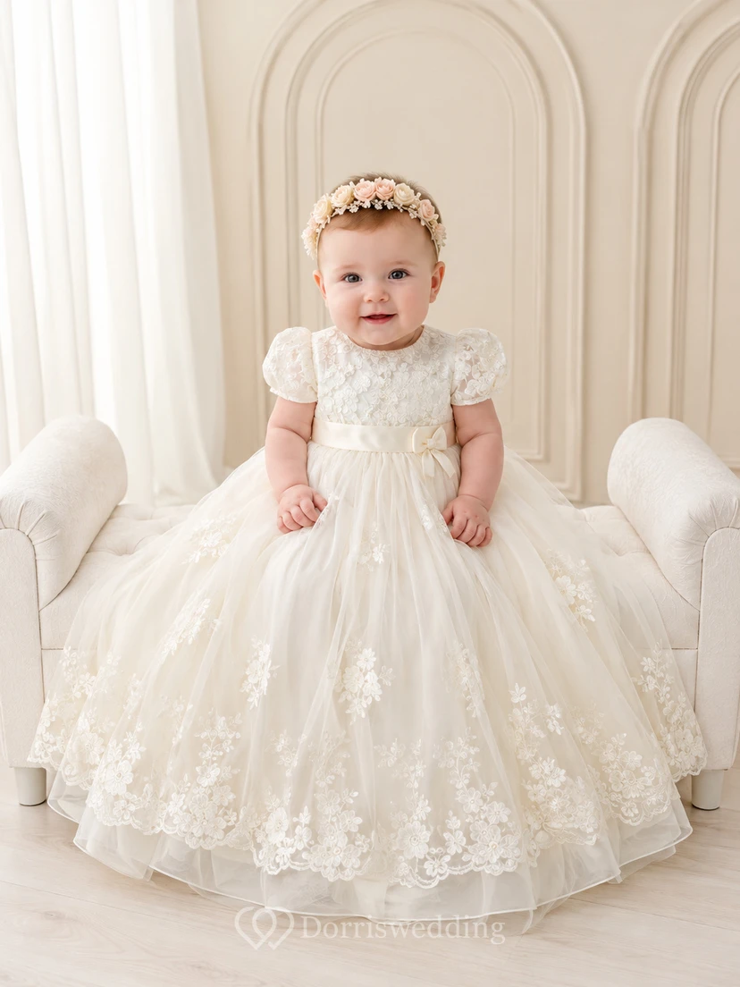 Baby Baptism Christening Ceremony Dress A-Line Knee-Length Jewel Neck Cap Sleeve Tulle Lace Floral Detail Floral Applique Button Back