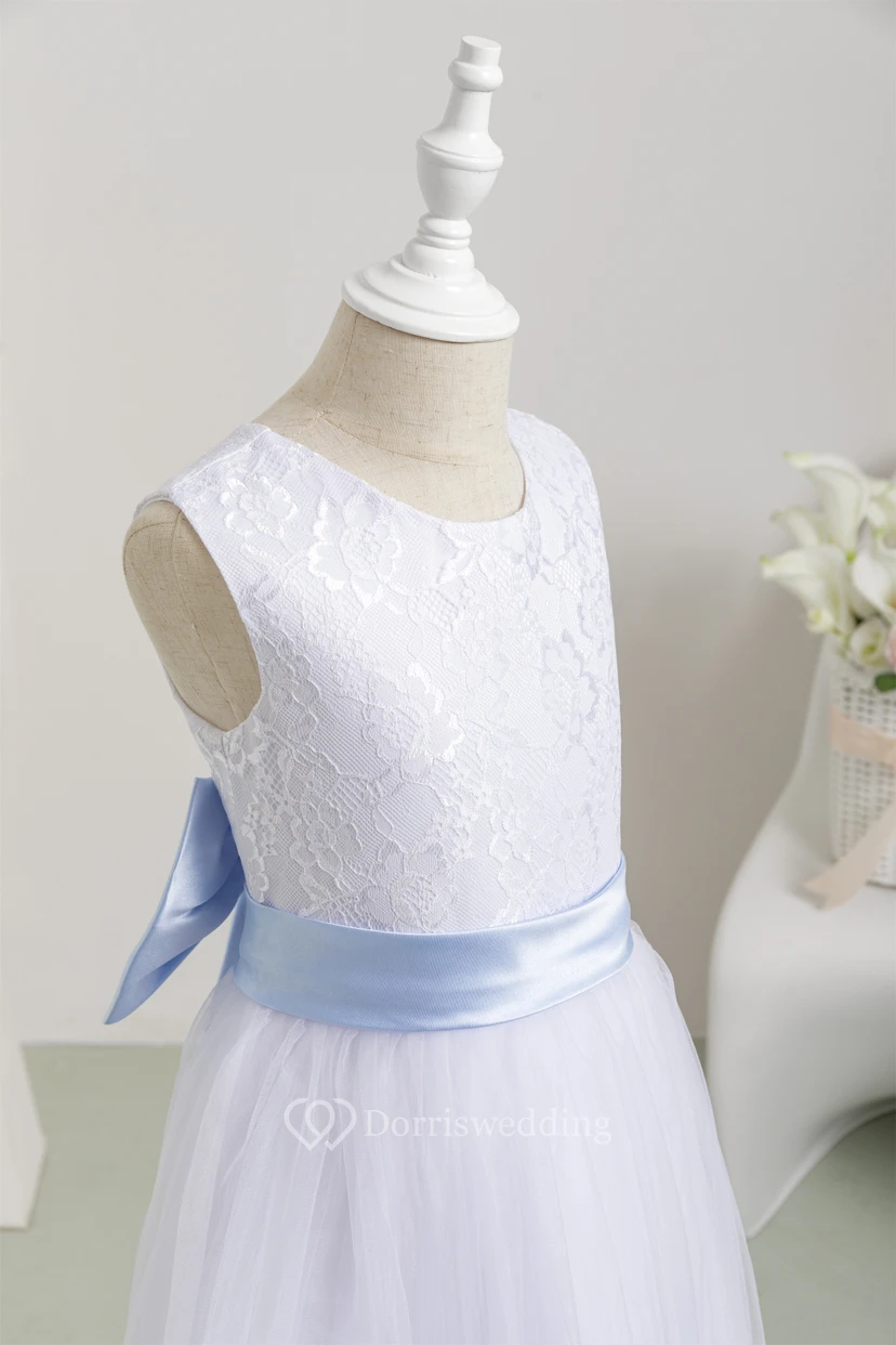 White Scoop Sleeveless Tulle A-line Communion Dress with Back Bow view 6