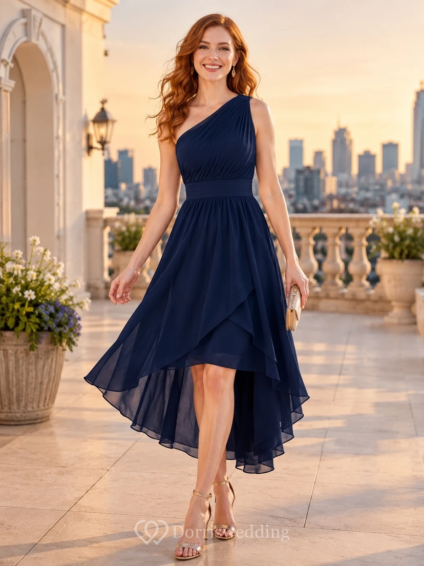 Navy One-Shoulder Draped Chiffon High-Low A-Line Split Party Dress