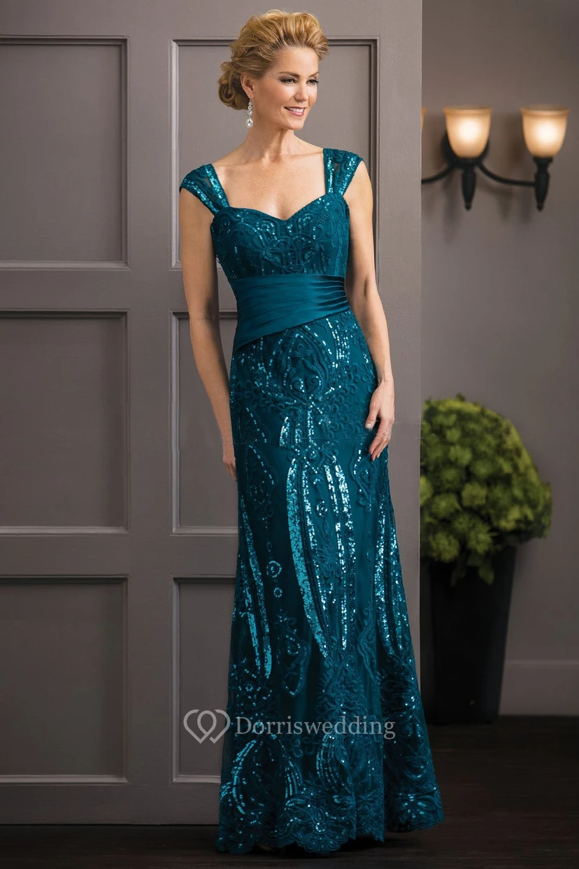 Cap-Sleeved Long Mother Of The Bride Dress With Sequins And Ruches