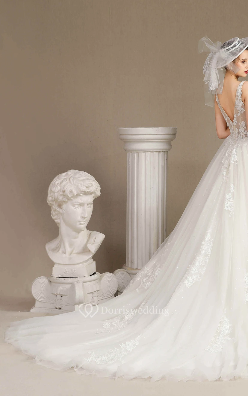 Sexy Plunging V-neck Sleeveless Ballgown Elegant Wedding Dress With V-back And Lace Appliques view 3