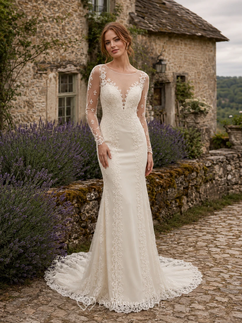 Plunging Neck Vintage Lace Sheath Cottage Garden Wedding Dress
