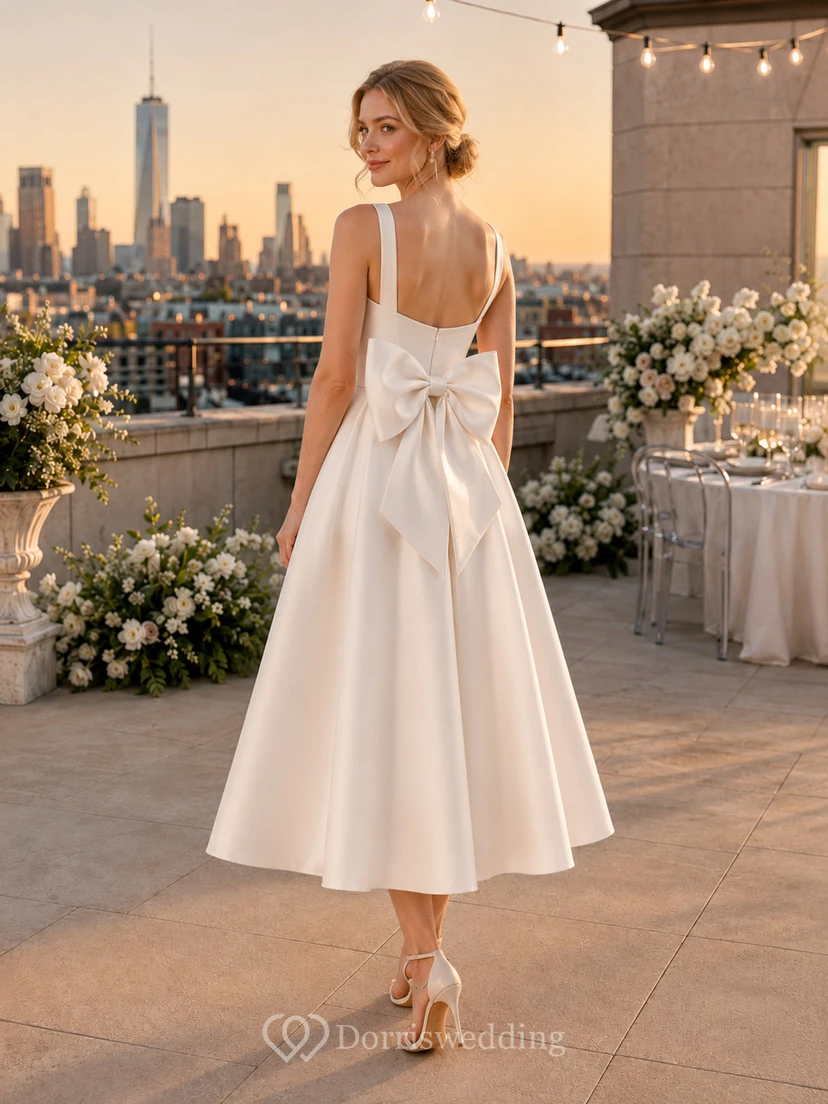Vestido de novia midi de satén con escote cuadrado y espalda ladeada, ideal para salir a la azotea. view 2