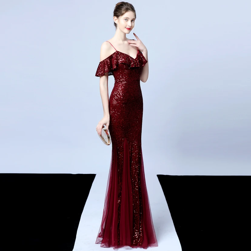 Robe de soirée élégante à franges et sequins en fil de polyester, style sirène, idéale pour un banquet ou une occasion spéciale automne. view 32