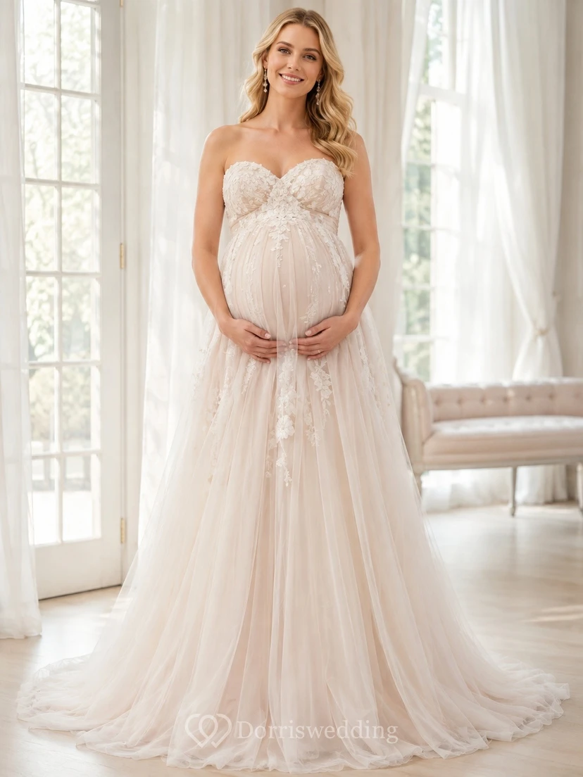 Vestido de novia romántico de tul sin tirantes con escote corazón y corte en A para embarazadas