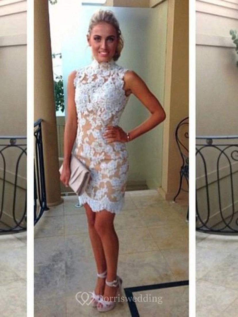 sheath High Neck Sleeveless Short Lace Dresses