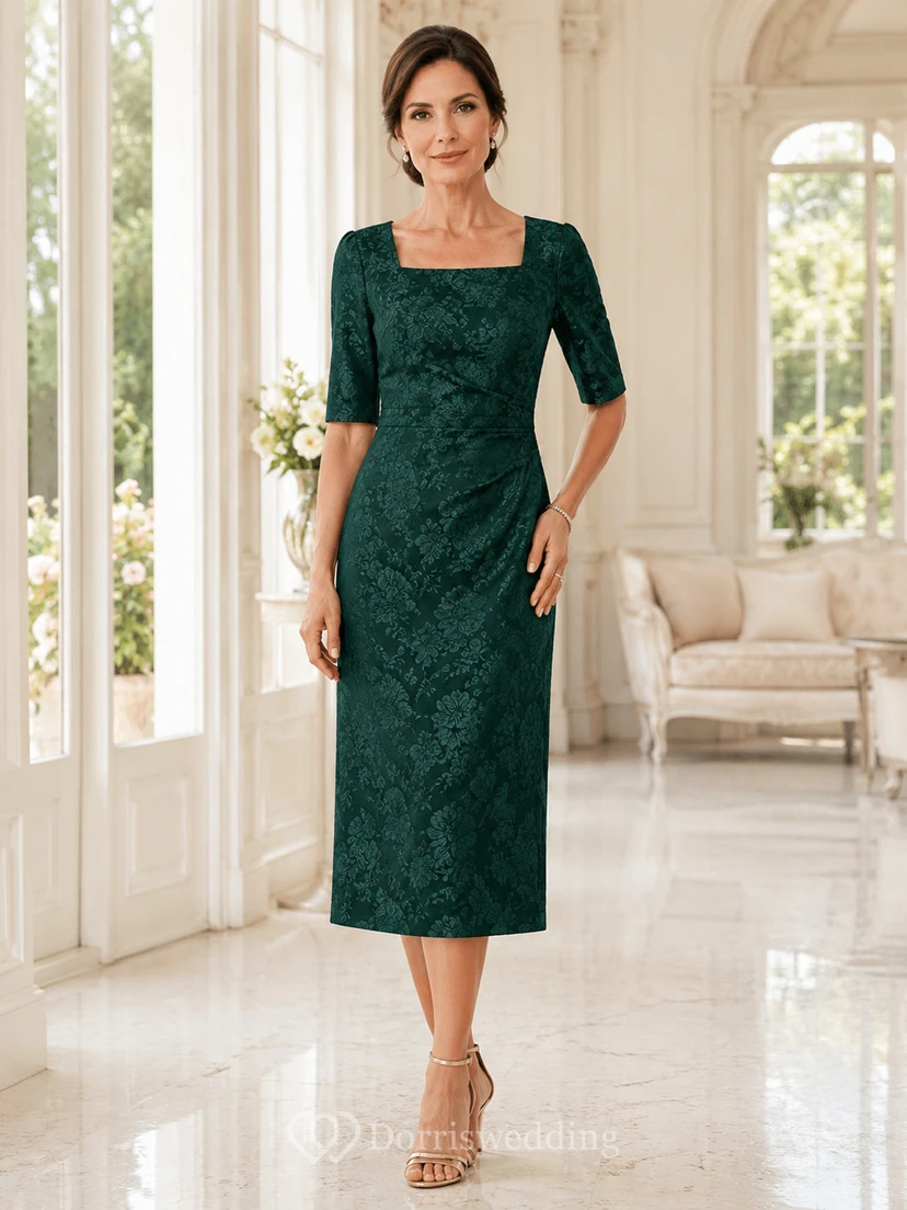 Petite emerald lace square neck half sleeve sheath mother dress