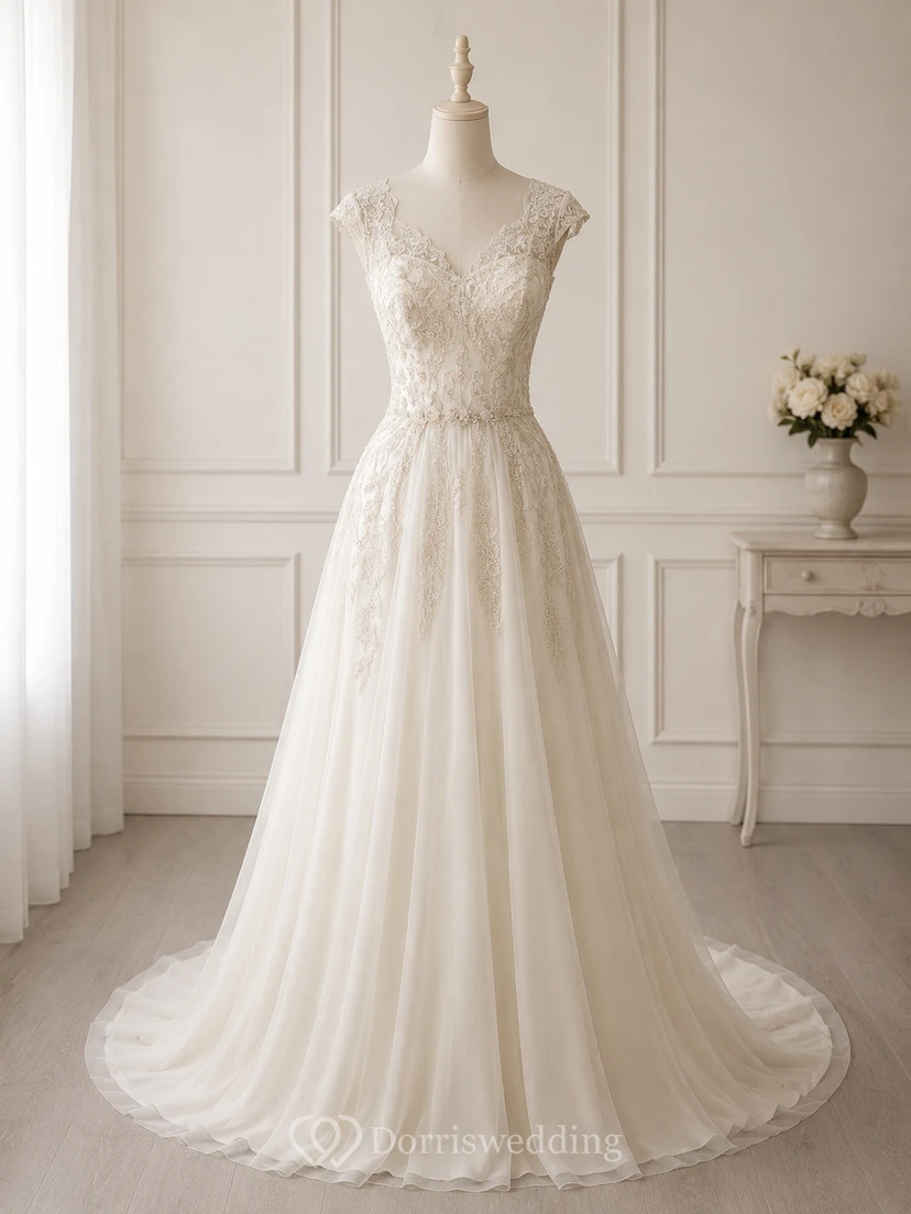 Empire-Brautkleid aus Chiffon mit Perlenbesatz, Falten und Raffungen sowie Schleppe view 7