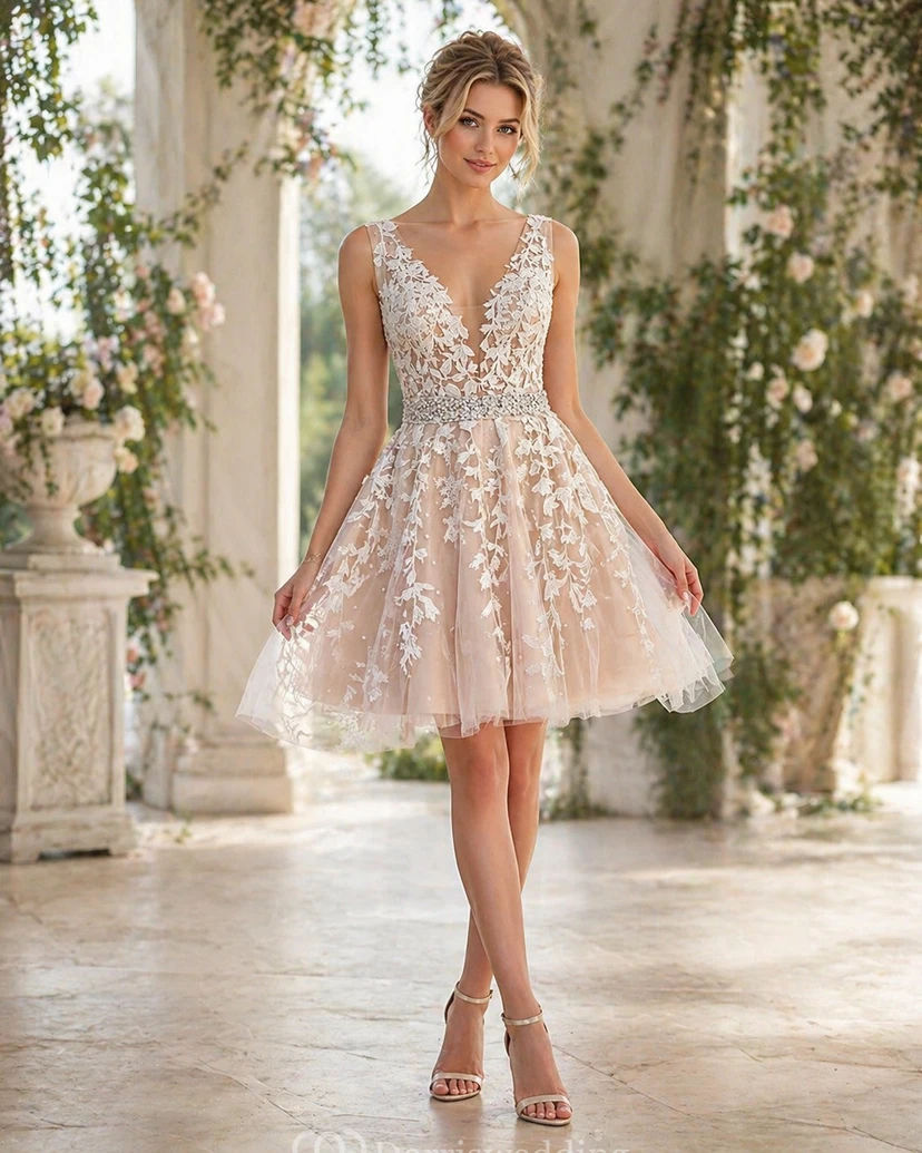 Pearl Pink Plunged Sleeveless Lace Applique Empire Short A-line Dress with Beadings