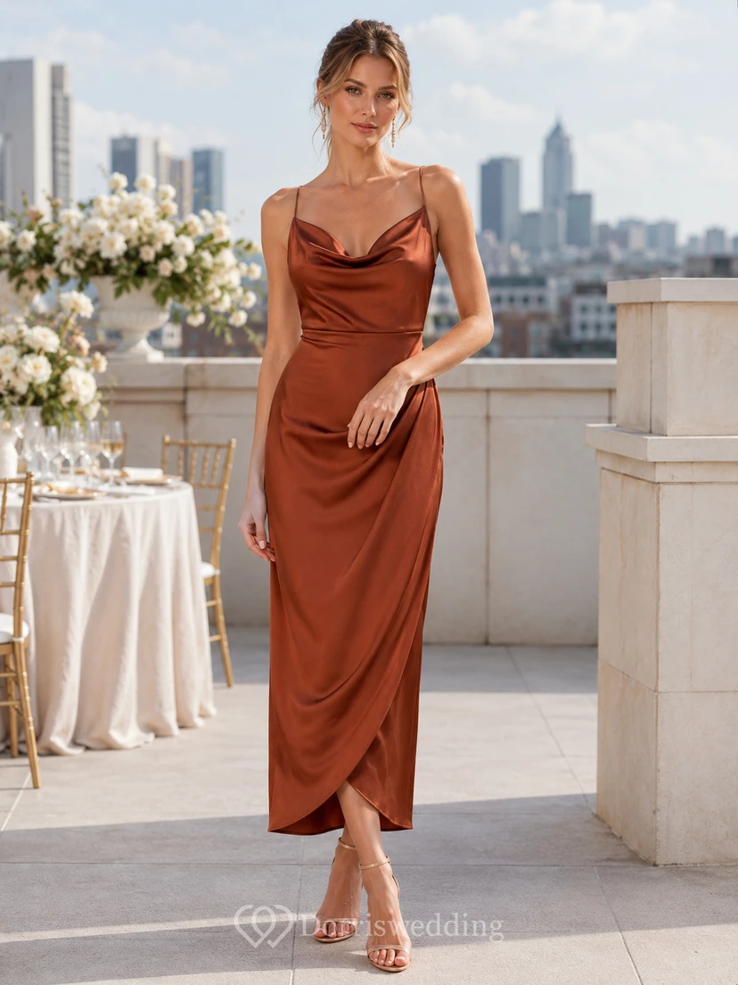 Brown Cowl Neck Strappy Draped Satin Ankle Guest Dress