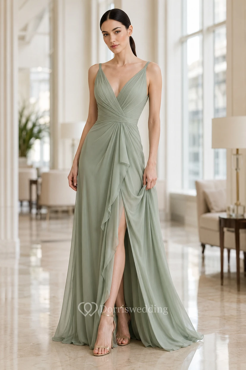 Sage Spaghetti Strap Chiffon A-Line Bridesmaid Dress Front Slit for Bridesmaid and Formal Events