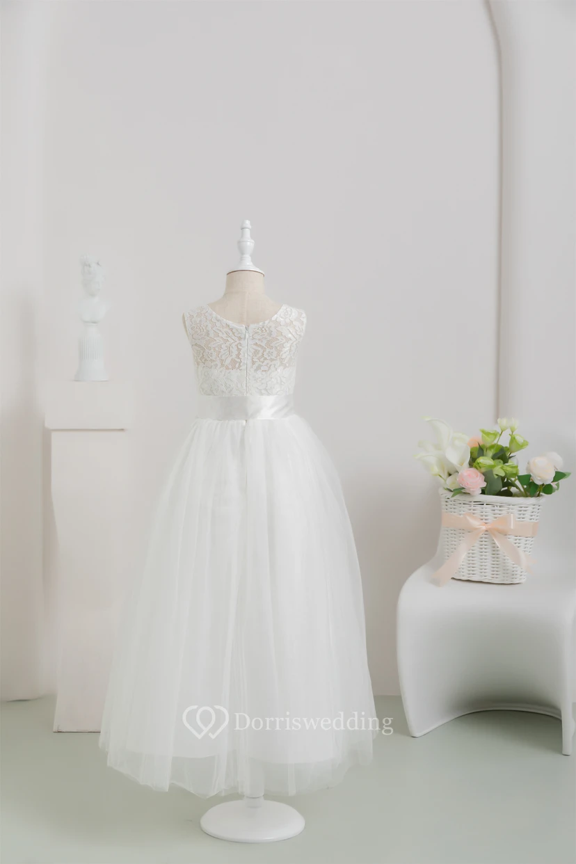 First Communion White Lace Tulle Flowergirl Dress with Bow view 2