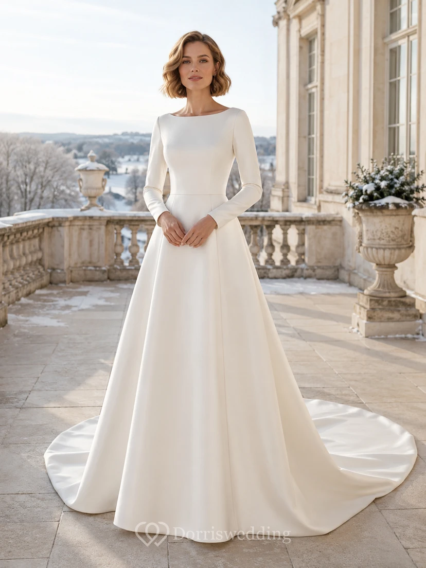Minimalist Bateau Long Sleeve Satin A-Line Chapel Train Winter Wedding Gown