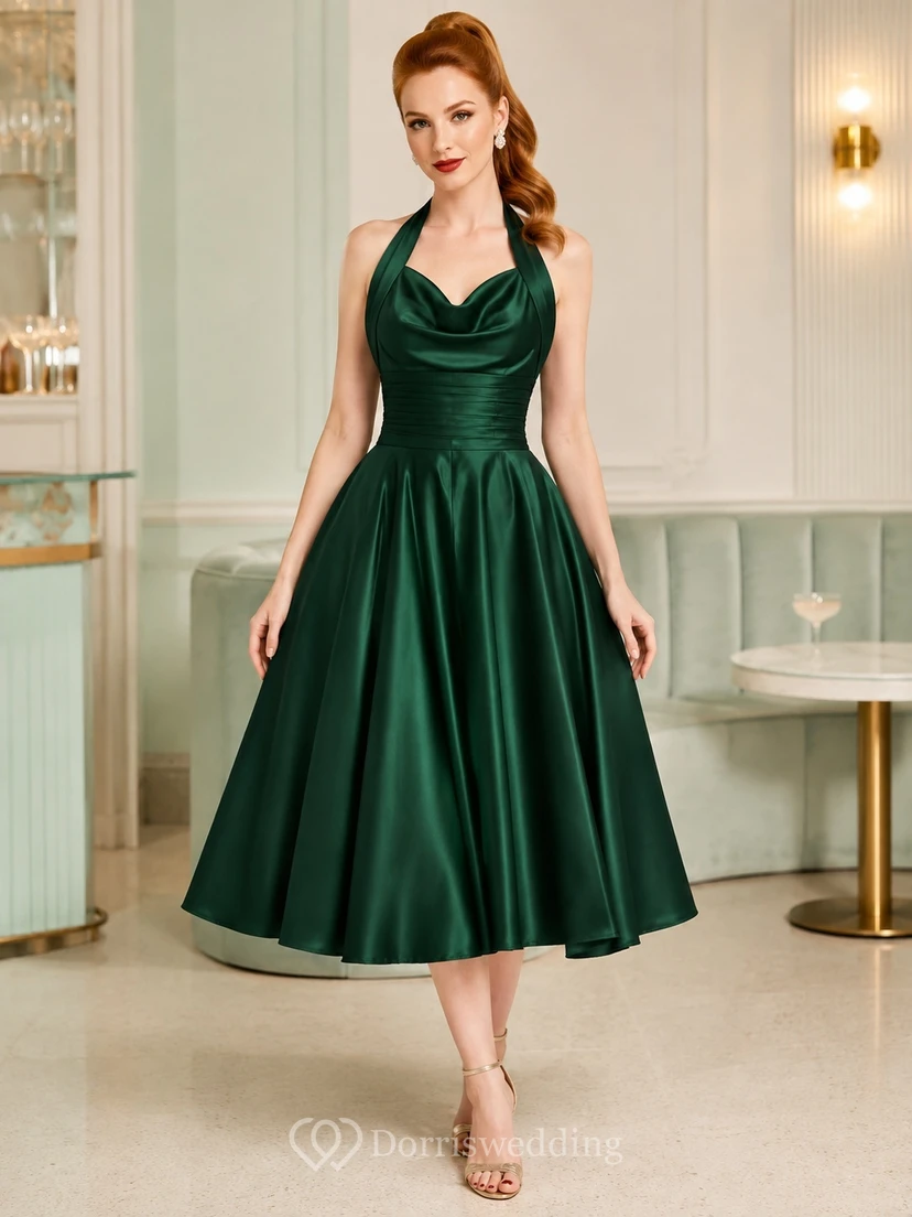 Dark Green Halter Cowl Satin Vintage A-Line Tea-Length Formal Evening Dress