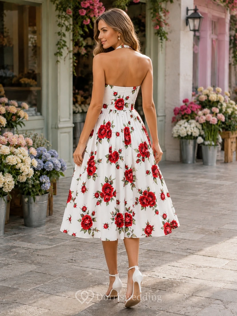 White Red Floral Halter Chiffon Tea Length A-Line Garden Guest Dress view 2