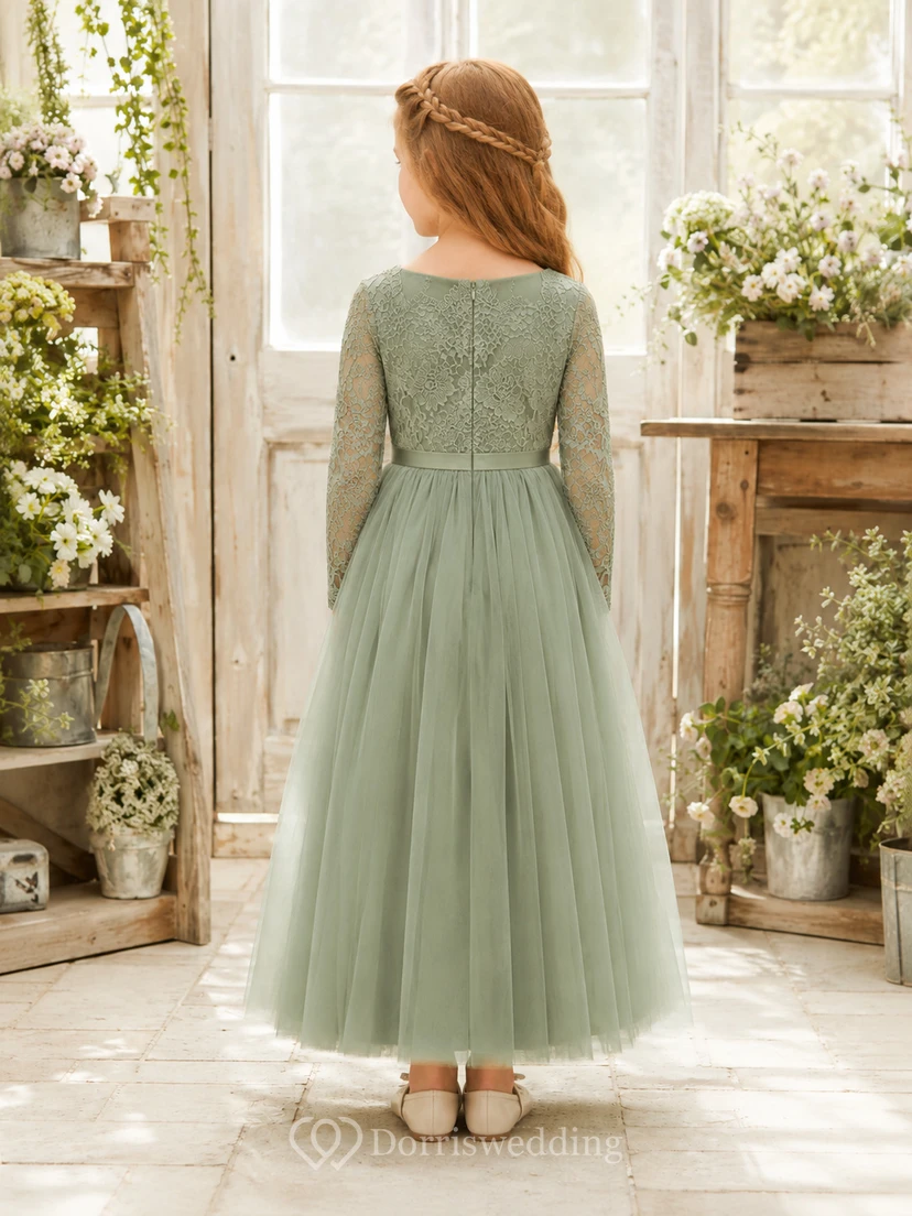 Flower Girl Dress Sage Lace Tulle A-Line Long Sleeve Jewel Neck Tea Length view 2