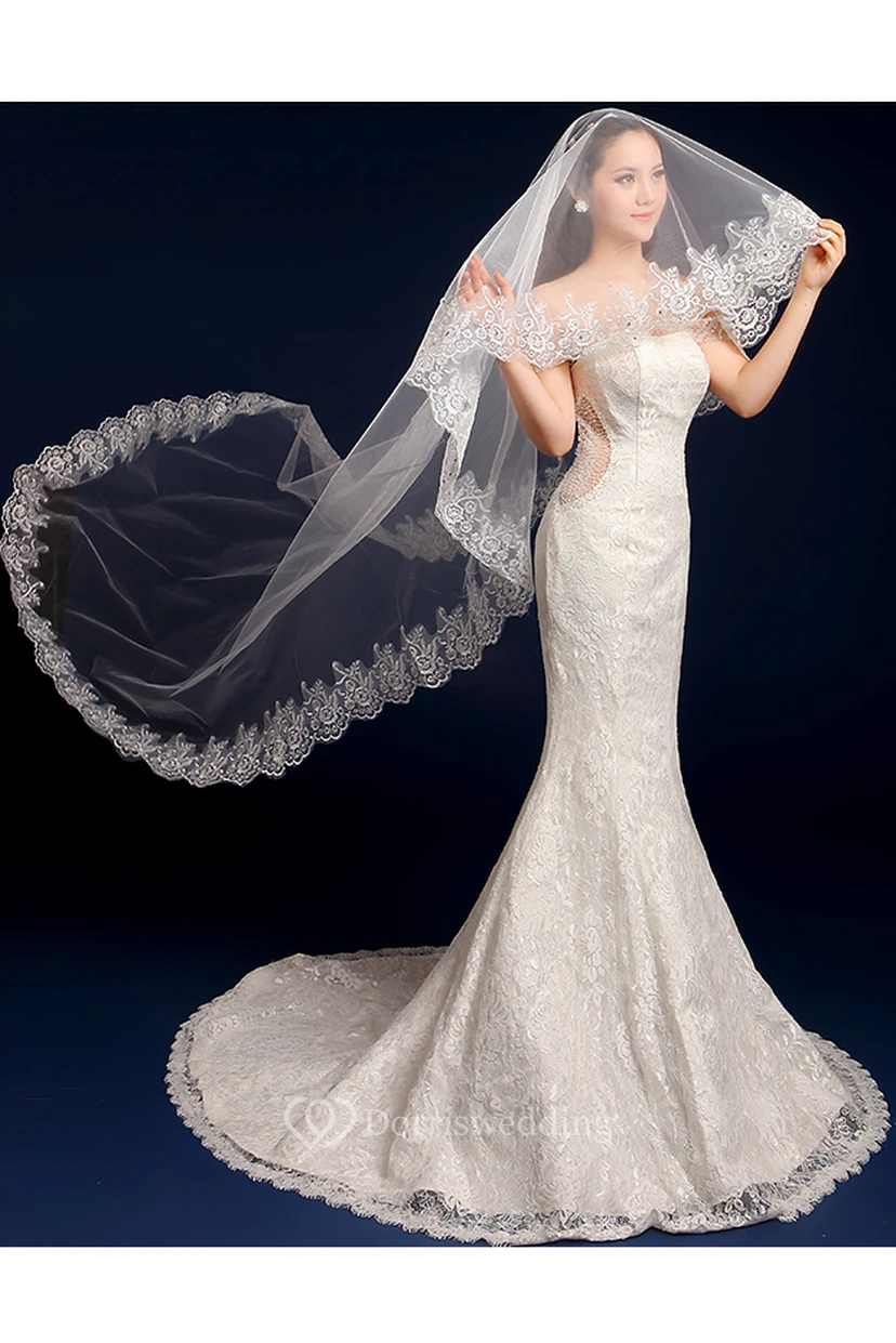 Beautiful Long Tulle Chapel Wedding Veil with Lace Edge view 3
