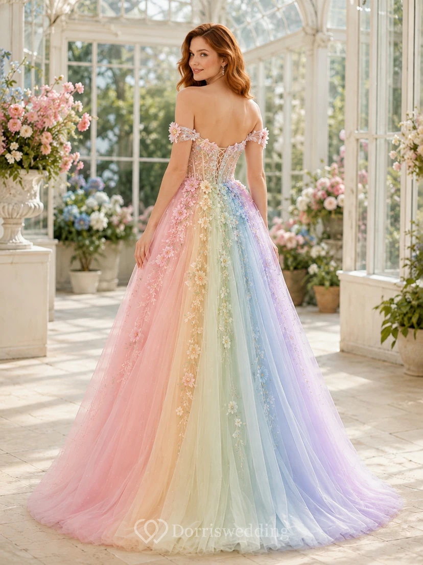 Pastel Rainbow Off-Shoulder Floral Tulle Ball Gown Floor-Length Prom Dress view 2