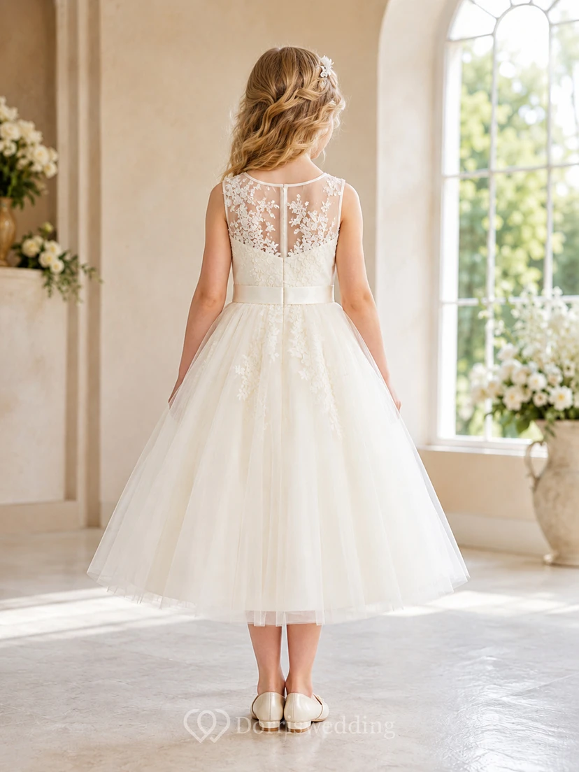 Robe romantique de demoiselle d'honneur en tulle et dentelle, coupe trapèze, col bijou, sans manches, ornée d'un nœud. view 2