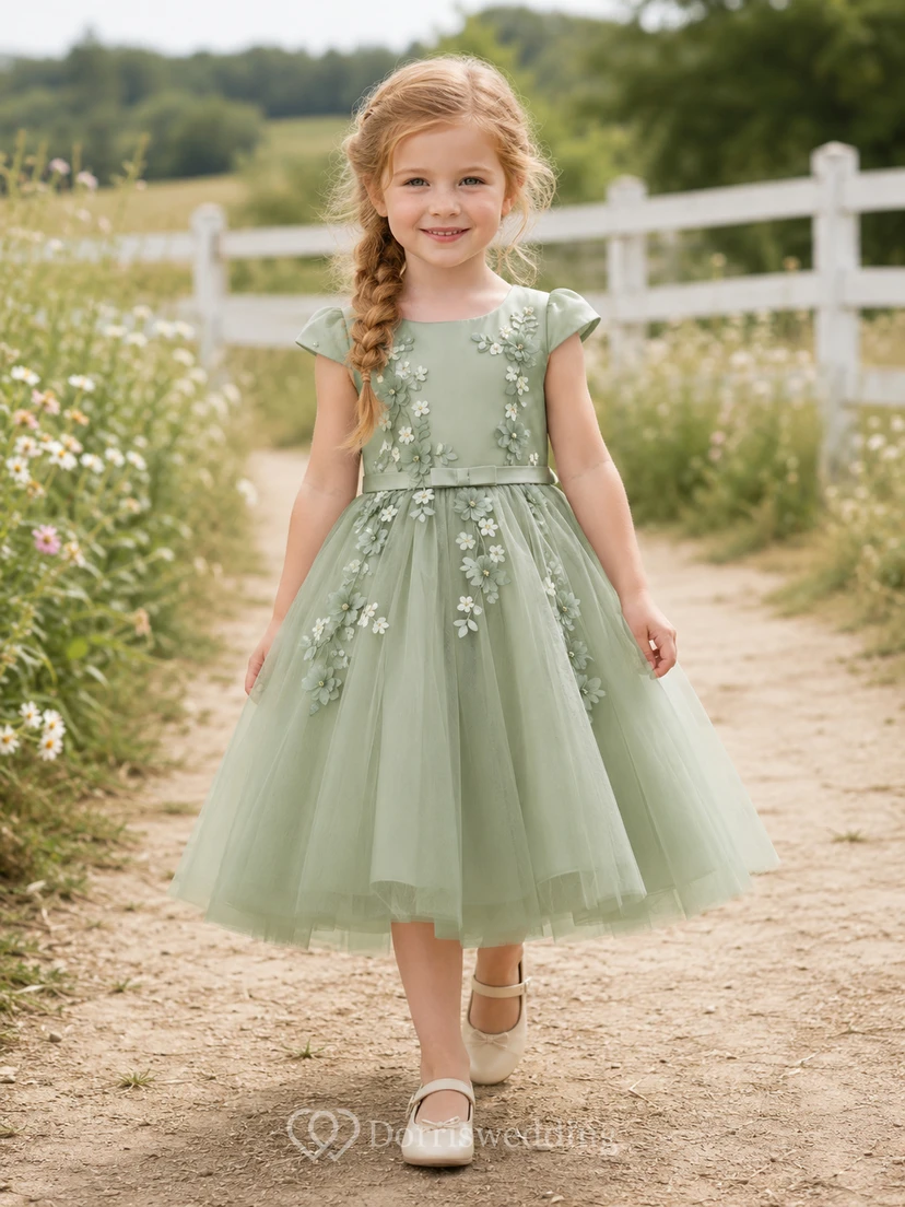 Robe de demoiselle d'honneur Sage, coupe trapèze, en tulle, col bijou, manches courtes, à imprimé floral, longueur thé