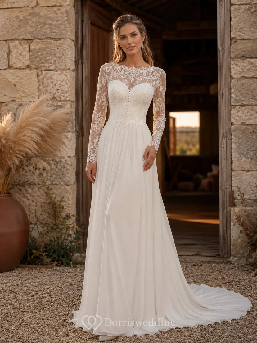 Robe de mariée bohème bateau longue en mousseline de soie à manches illusion en dentelle et traîne balayée, coupe trapèze, manches en dentelle et mousseline.