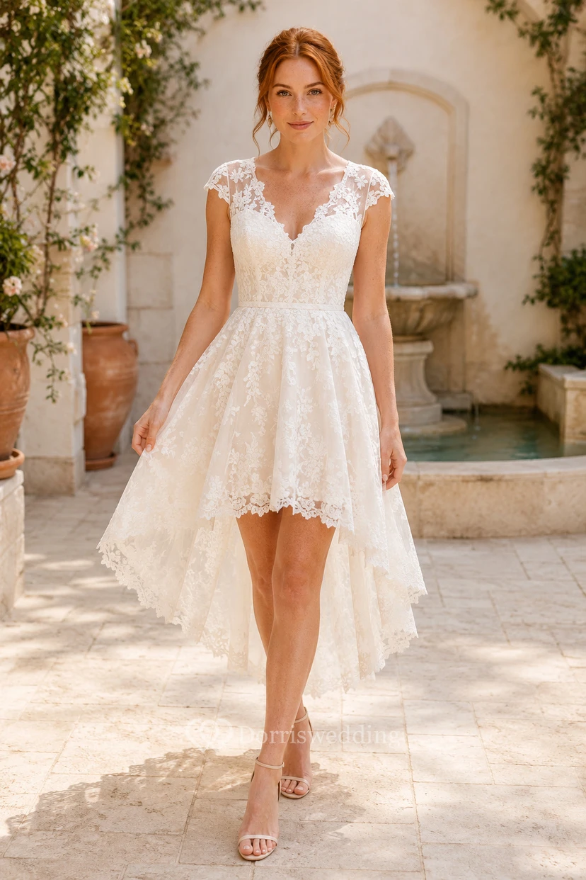 Robe de mariée mi-longue en dentelle à col en V et jupe en tulle