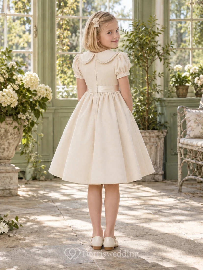 Vintage Tea-length Ivory Peter Pan Collar Puff Sleeve Corduroy Flower Girl Dress view 2
