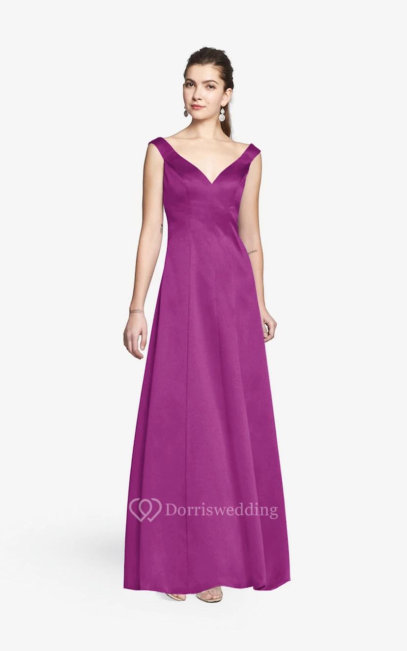 Simple V-neckline Floor-length Satin Dress With Cap Sleeves view 15