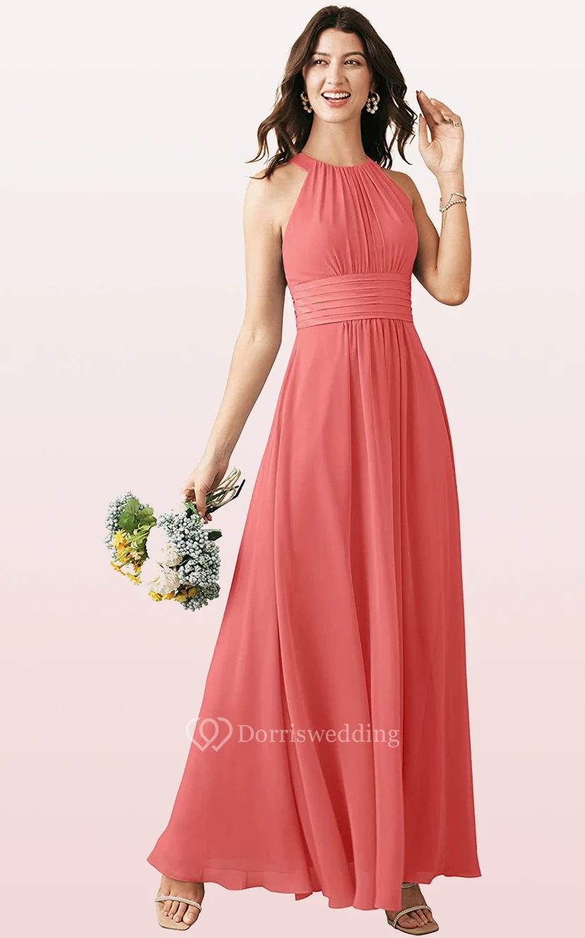 Modern Halter A Line Sleeveless Ankle-length Chiffon Bridesmaid Dress With Ruching view 6