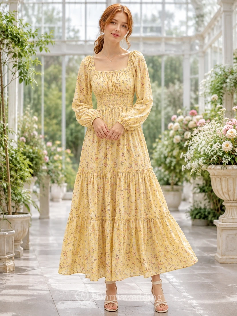 Robe longue trapèze à fleurs jaunes bohèmes, col carré, manches bouffantes et encolure carrée