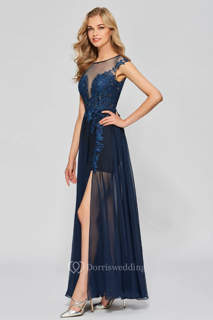 A-line Sexy Split Front Bateau Chiffon Gown With Lace Appliques And Deep V-back view 3