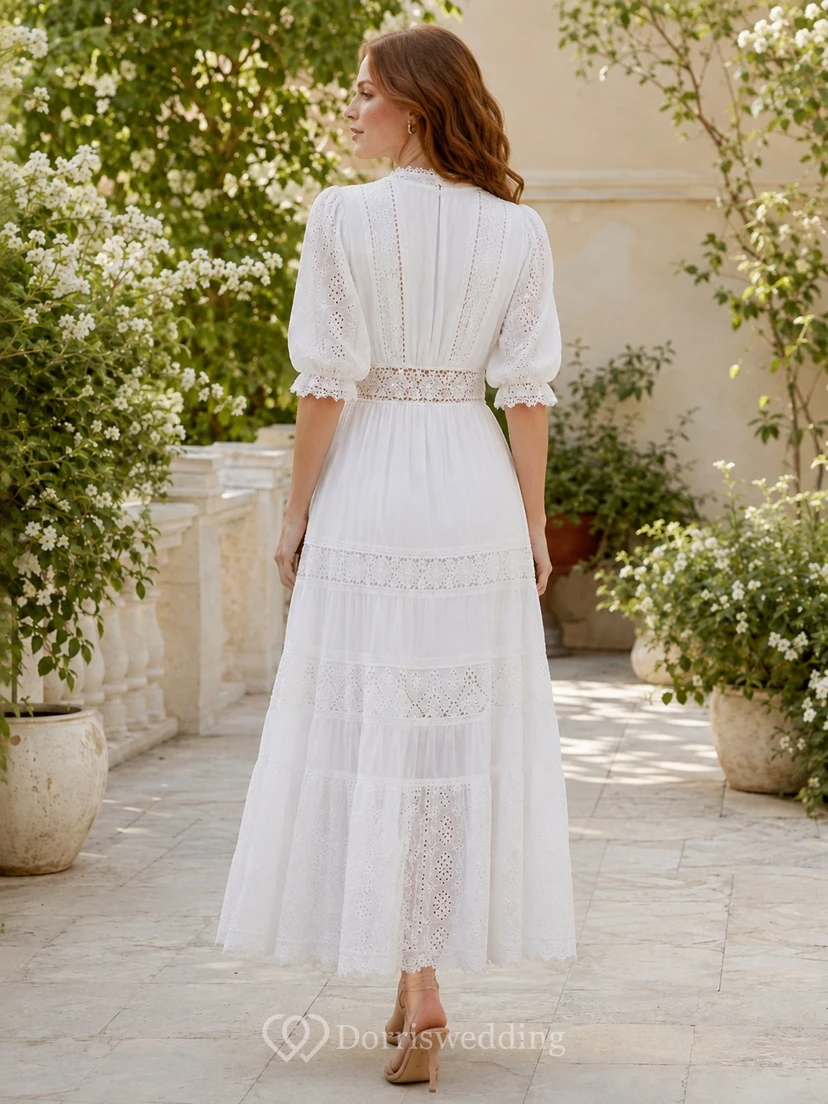 Weißes, böhmisches Chiffon-Kleid mit halben Ärmeln, V-Ausschnitt und Knöchellänge aus Spitze view 2