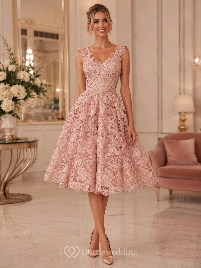 Low V Neckline A-line Knee Length Lace Dress