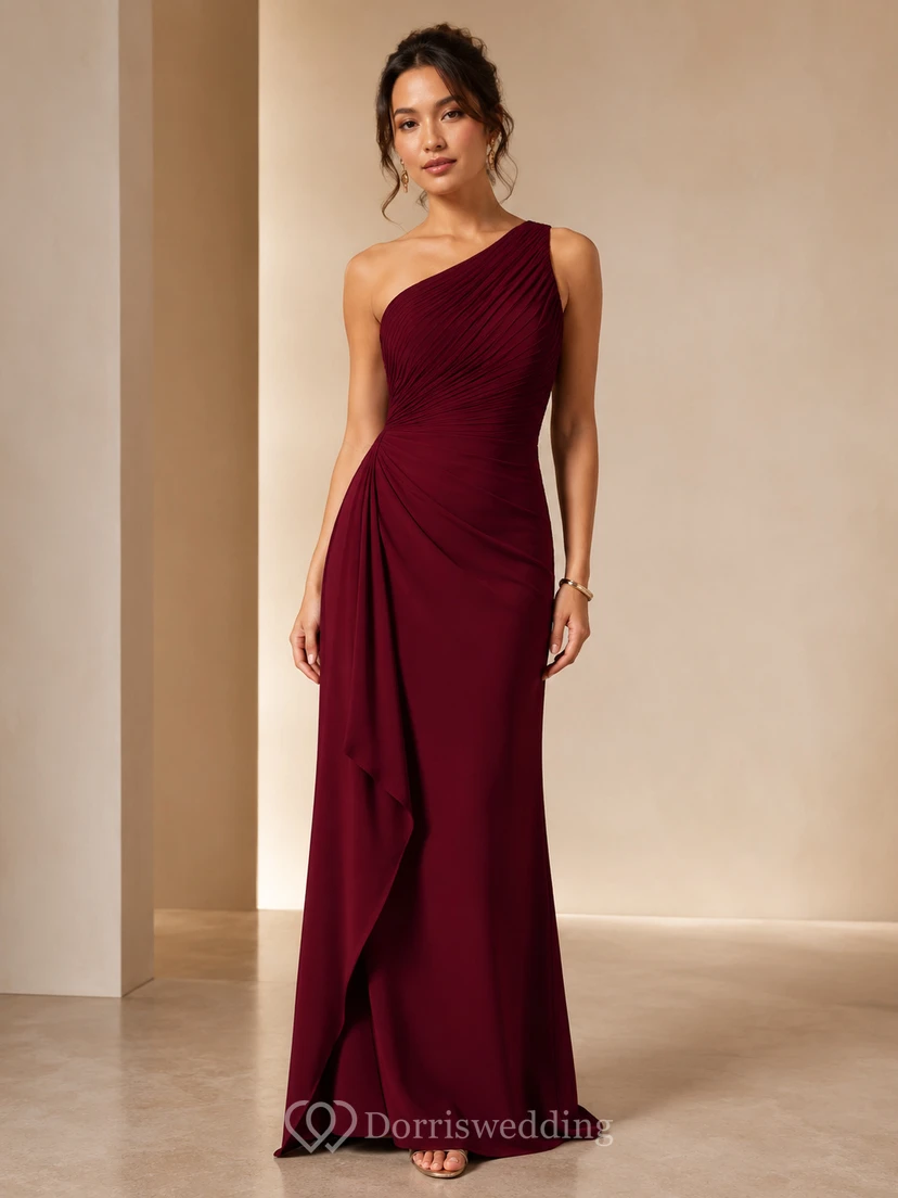 A-Line Evening Dress with One-Shoulder, Sleeveless and Drape Split Front, Floor Length