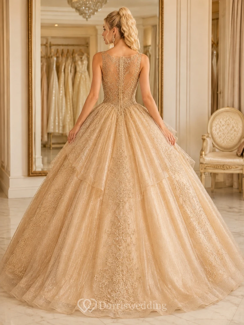 Gold Champagne Embroidered Tulle Ball Gown Quinceanera Dress Luxury view 2