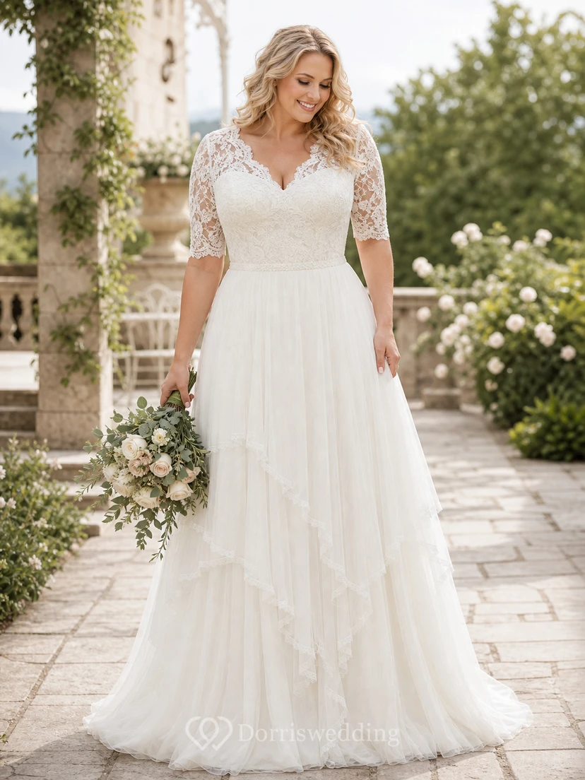 Ländliches, schlichtes Vintage-Hochzeitskleid mit Ärmeln für ältere Bräute in großen Größen view 2