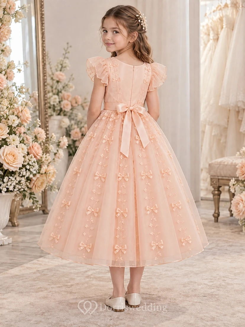 Tea-length Peach V-neck Ruffle Sleeve Ribbon Bow Organza Flower Girl Dress view 2
