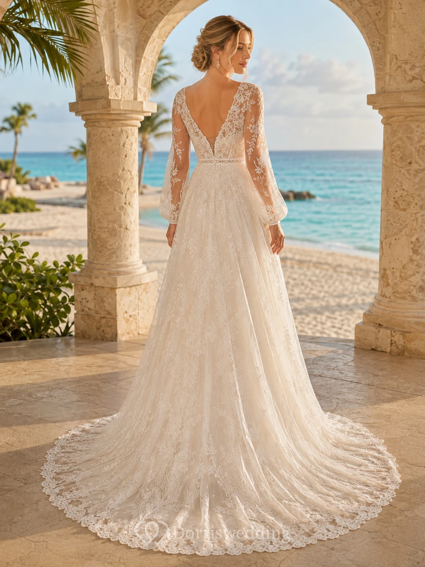 Boho Poet Sleeve Full Lace A-Line Resort Destination Wedding Dress view 2