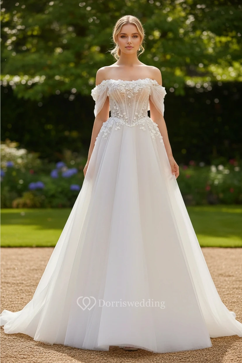 Off-the-Shoulder Lace A-line Ball Gown Wedding Dress view 3