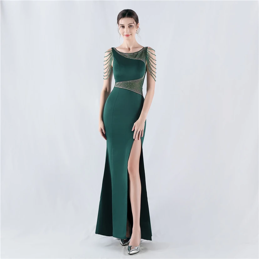Heavy Hot Diamonds For Transparent Mesh High-Slit Satin Evening Dress Annual Meeting Wedding view 12