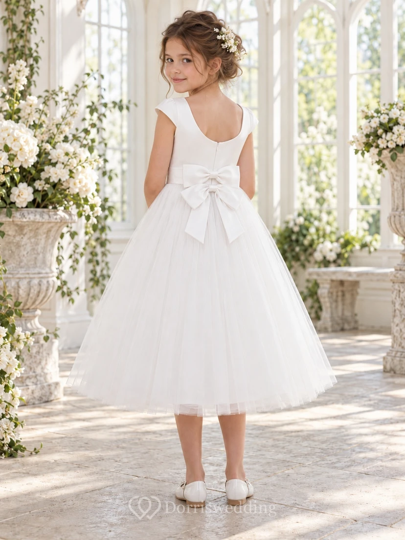 Vestido de niña de flores sencillo, blanco, de corte A, de tul, con mangas cortas, escote en la espalda y doble lazo. view 2