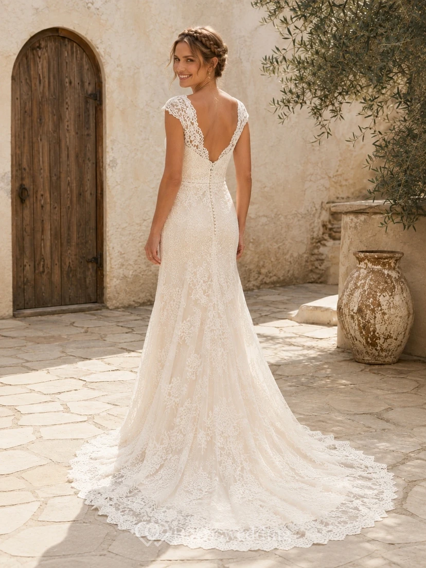 Vestido de novia estilo sirena con mangas cortas, encaje festoneado y cola larga. view 2